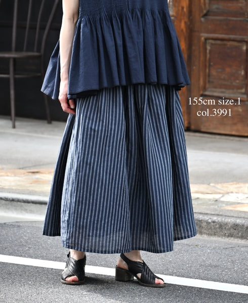 INSL26335 60s AUTO LOOM COTTON/LINEN STRIPE GATHERED SKIRT