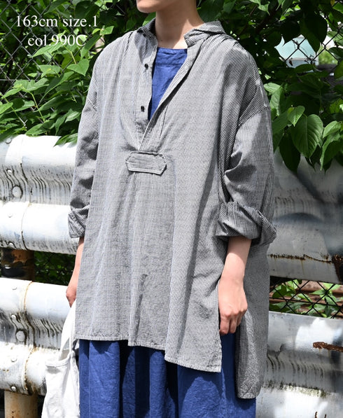 INAM2632C SEERSUCKER GINGHAM CHECK WASH WORK GATHERED SHIRT