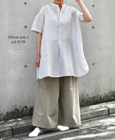 INSL26333 60s AUTO LOOM COTTON/LINEN STRIPE BANDED COLLAR S/SL TUNIC