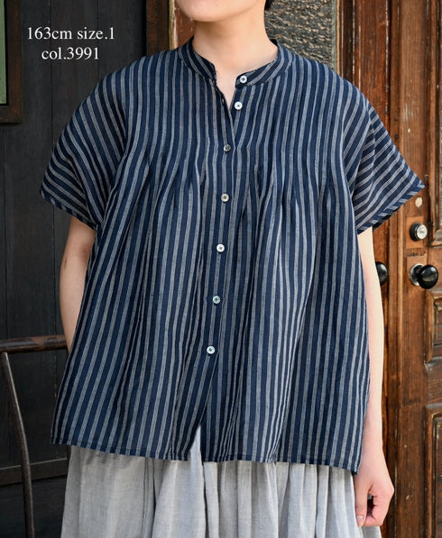 INSL26331 60s AUTO LOOM COTTON/LINEN STRIPE BANDED COLLAR FRENCH/SL PINTUCK SHIRTS