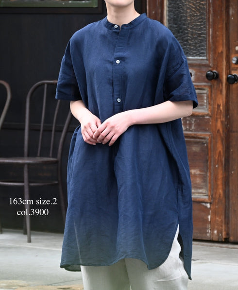 INSL26323 60s AUTO LOOM COTTON/LINEN PLAIN BANDED COLLAR S/SL TUNIC
