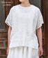 NMDS25242 80s POWER LOOM LINEN PLAIN BACK OPENING CREW-NECK S/SL EMB SHIRT