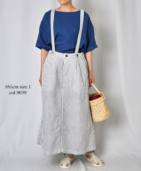 ISNAM2611S LINEN/COTTON STRIPE ADJUSTER TACK SKIRT WITH SUSPENDERS