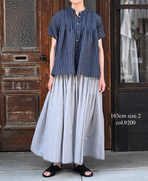 INMDS26043 HANDWOVEN YARN DYE CHAMBRAY PINTUCK FLARED SKIRT