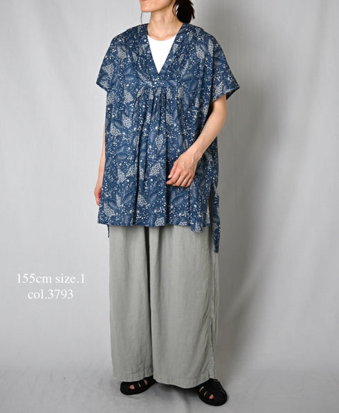 NSL26064 80s VOILE LEAF & FLOWER PRINT V-NECK FRENCH/SL TUNIC