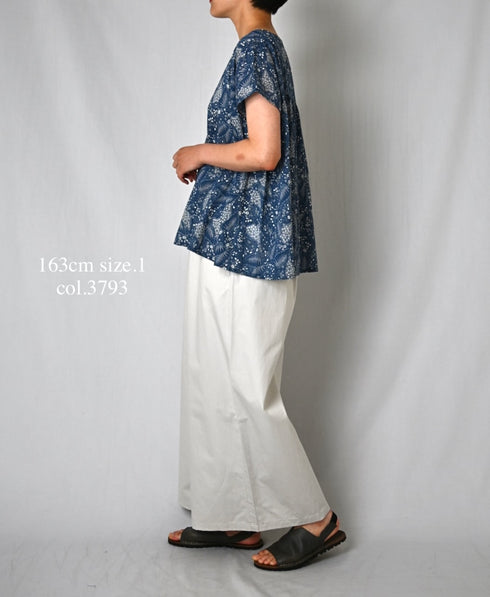 NSL26062 80s VOILE LEAF & FLOWER PRINT FRENCH/SL BACK SIDE GATHERED SMOCK