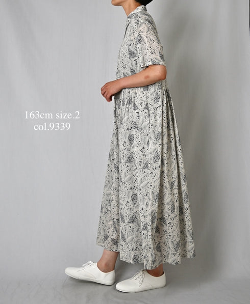 NSL26063 80s VOILE LEAF & FLOWER PRINT REGULAR COLLAR S/SL DRESS