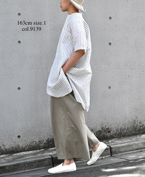 INSL26333 60s AUTO LOOM COTTON/LINEN STRIPE BANDED COLLAR S/SL TUNIC