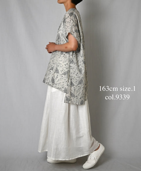 NSL26064 80s VOILE LEAF & FLOWER PRINT V-NECK FRENCH/SL TUNIC