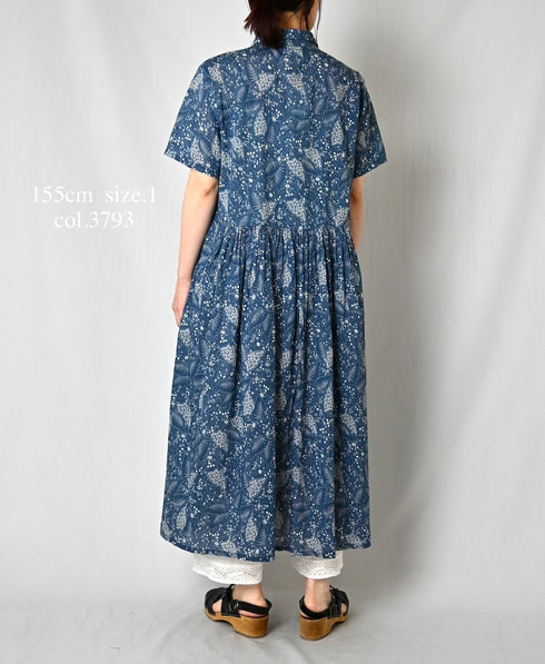 NSL26063 80s VOILE LEAF & FLOWER PRINT REGULAR COLLAR S/SL DRESS