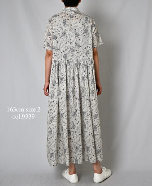 NSL26063 80s VOILE LEAF & FLOWER PRINT REGULAR COLLAR S/SL DRESS
