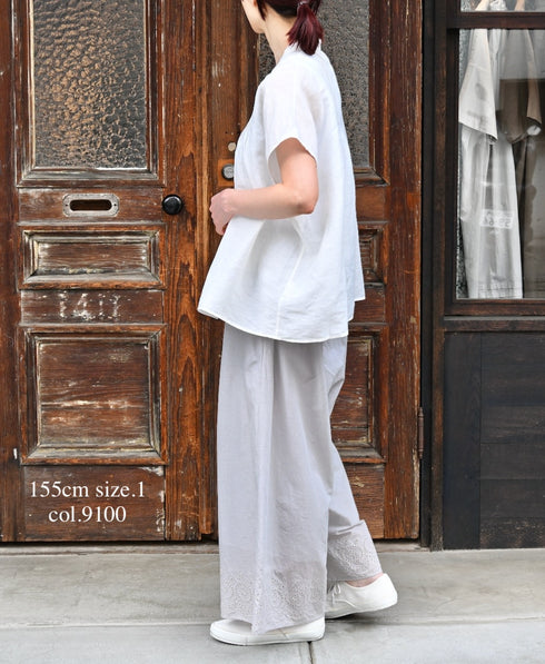 INSL26321 60s AUTO LOOM COTTON/LINEN PLAIN BANDED COLLAR FRENCH/SL PINTUCK SHIRTS
