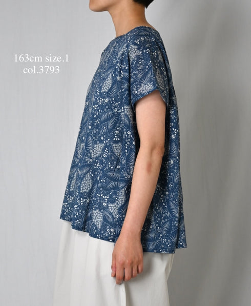 NSL26062 80s VOILE LEAF & FLOWER PRINT FRENCH/SL BACK SIDE GATHERED SMOCK