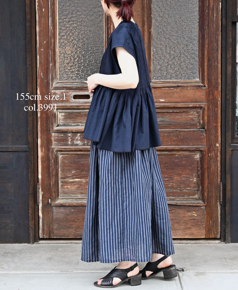 INSL26335 60s AUTO LOOM COTTON/LINEN STRIPE GATHERED SKIRT
