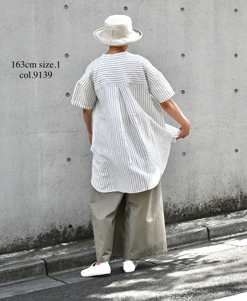 INSL26333 60s AUTO LOOM COTTON/LINEN STRIPE BANDED COLLAR S/SL TUNIC
