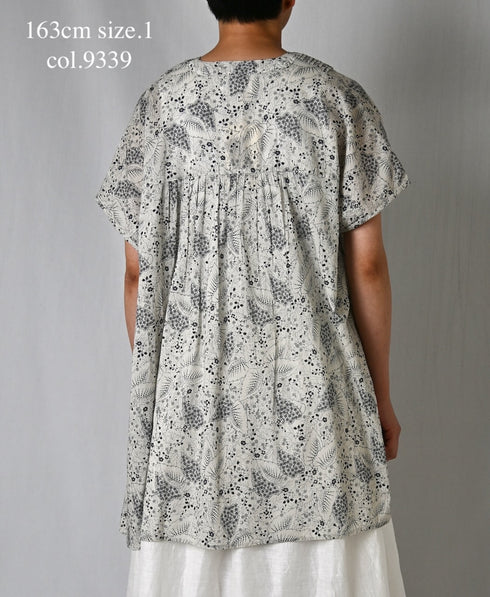 NSL26064 80s VOILE LEAF & FLOWER PRINT V-NECK FRENCH/SL TUNIC