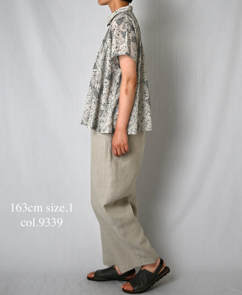 NSL26061 80s VOILE LEAF & FLOWER PRINT REGULAR COLLAR FRENCH/SL PINTUCK SHIRT