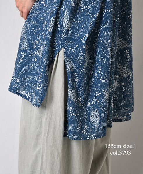NSL26064 80s VOILE LEAF & FLOWER PRINT V-NECK FRENCH/SL TUNIC
