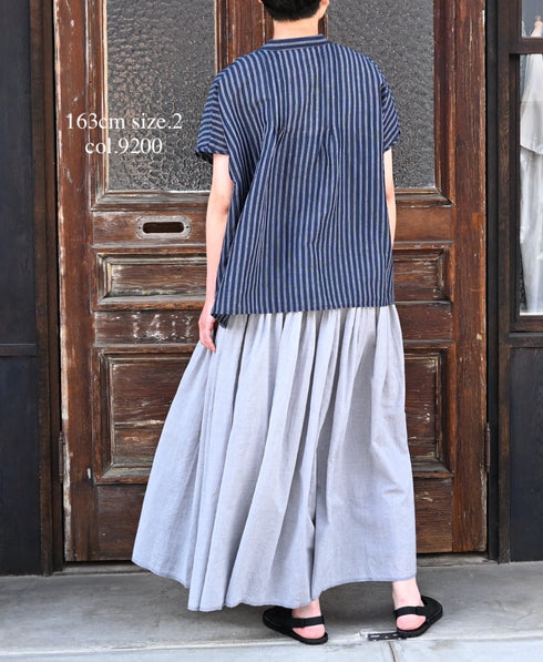 INMDS26043 HANDWOVEN YARN DYE CHAMBRAY PINTUCK FLARED SKIRT