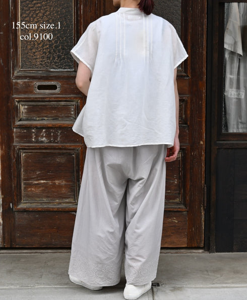 INSL26321 60s AUTO LOOM COTTON/LINEN PLAIN BANDED COLLAR FRENCH/SL PINTUCK SHIRTS