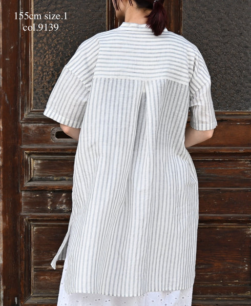 INSL26333 60s AUTO LOOM COTTON/LINEN STRIPE BANDED COLLAR S/SL TUNIC