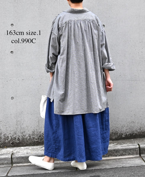 INAM2632C SEERSUCKER GINGHAM CHECK WASH WORK GATHERED SHIRT