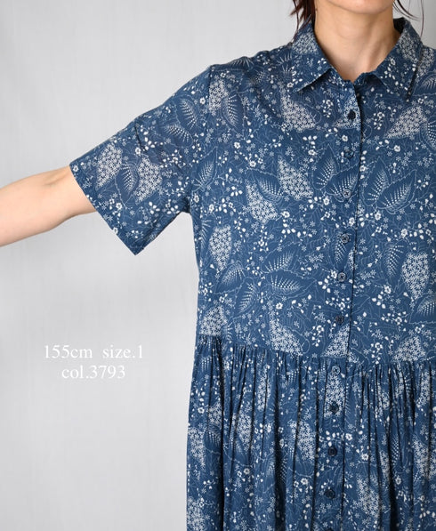 NSL26063 80s VOILE LEAF & FLOWER PRINT REGULAR COLLAR S/SL DRESS