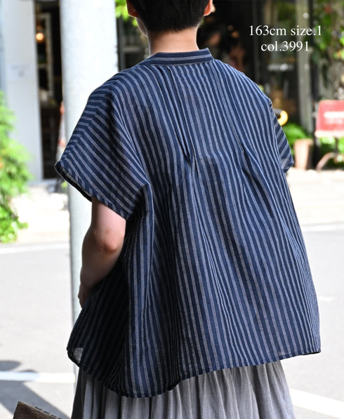 INSL26331 60s AUTO LOOM COTTON/LINEN STRIPE BANDED COLLAR FRENCH/SL PINTUCK SHIRTS
