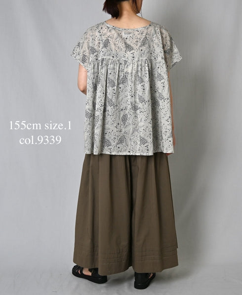 NSL26062 80s VOILE LEAF & FLOWER PRINT FRENCH/SL BACK SIDE GATHERED SMOCK