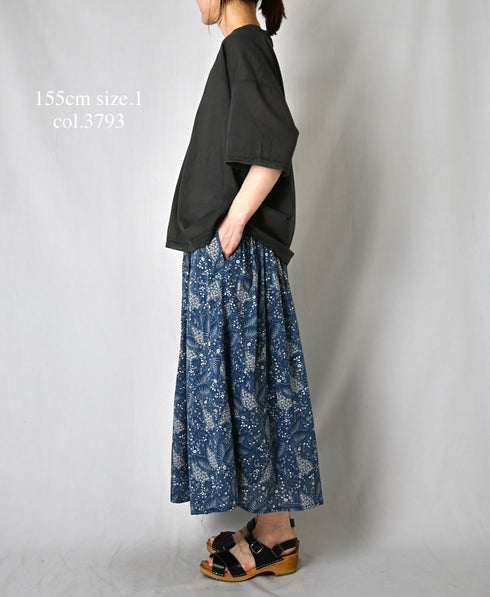 NSL26065 80s VOILE LEAF & FLOWER PRINT GATHERED SKIRT