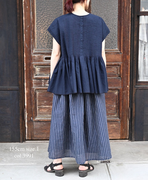 INSL26335 60s AUTO LOOM COTTON/LINEN STRIPE GATHERED SKIRT