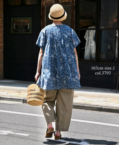 NSL26064 80s VOILE LEAF & FLOWER PRINT V-NECK FRENCH/SL TUNIC