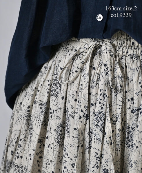 NSL26065 80s VOILE LEAF & FLOWER PRINT GATHERED SKIRT