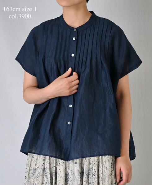 INSL26321 60s AUTO LOOM COTTON/LINEN PLAIN BANDED COLLAR FRENCH/SL PINTUCK SHIRTS