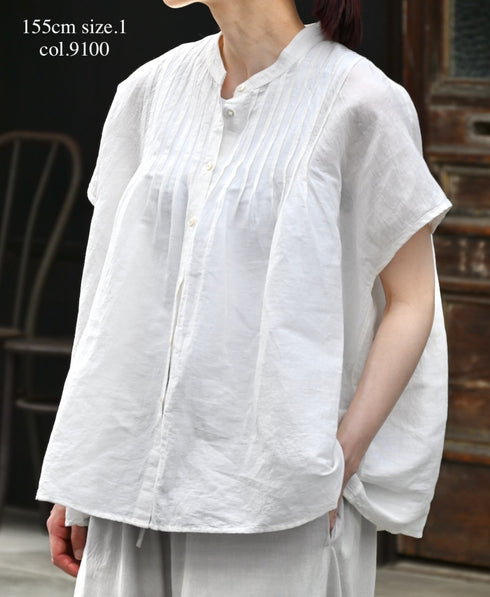 INSL26321 60s AUTO LOOM COTTON/LINEN PLAIN BANDED COLLAR FRENCH/SL PINTUCK SHIRTS