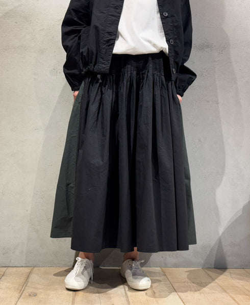 NMDS24641 40s ORGANIC POPLIN (PATCHWORK) PINTUCK FLARED SKIRT WITH PATCH WORK