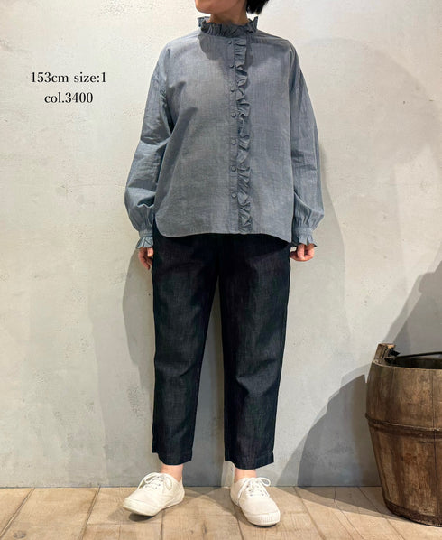 INMDS25062 HANDWOVEN YARN DYE NATURAL INDIGO CHAMBRAY FRILL COLLAR SHIRT