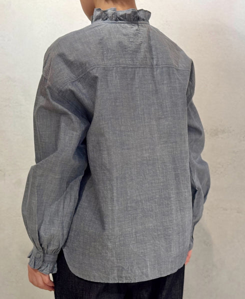 INMDS25062 HANDWOVEN YARN DYE NATURAL INDIGO CHAMBRAY FRILL COLLAR SHIRT