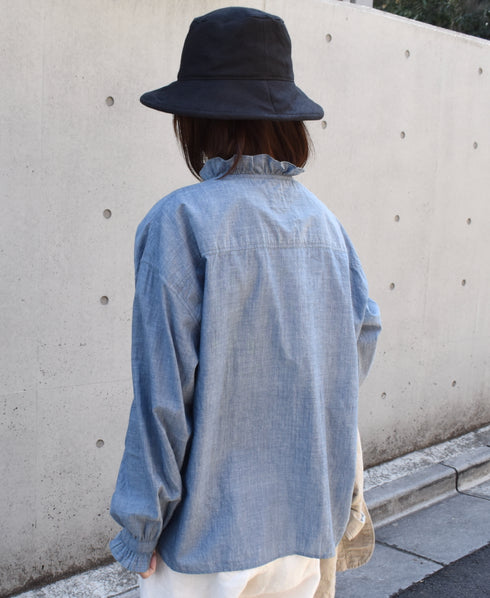 INMDS25062 HANDWOVEN YARN DYE NATURAL INDIGO CHAMBRAY FRILL COLLAR SHIRT