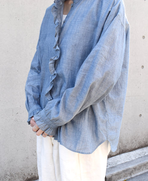 INMDS25062 HANDWOVEN YARN DYE NATURAL INDIGO CHAMBRAY FRILL COLLAR SHIRT