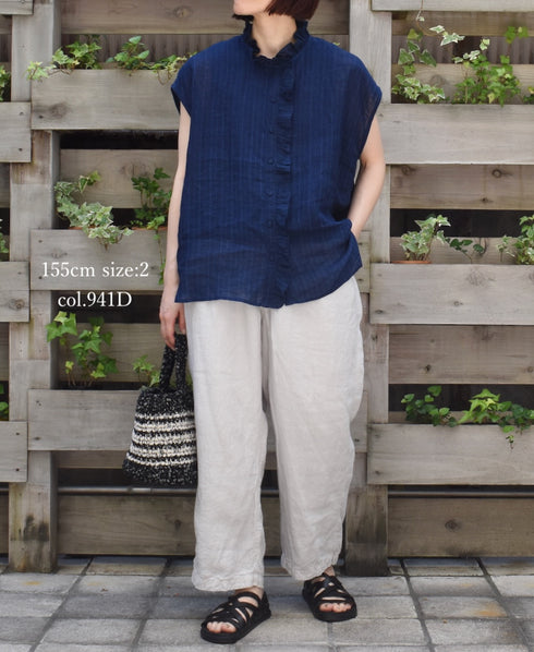 IMDSH2101LPD 60s AUTO LOOM LINEN PLAIN OVERDYE EASY CROPPED PANTS