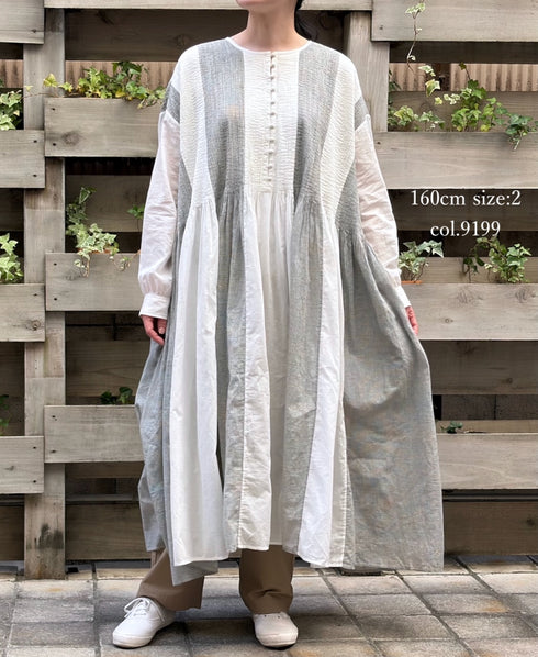 INMDS26112W HANDWOVEN COTTON SINGLE CHECK PATCHWORK BALL BUTTON SHIRTS DRESS