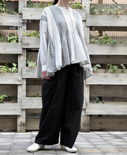 INMDS26111W HANDWOVEN COTTON SINGLE CHECK PATCHWORK BALL BUTTON SHIRTS WITH MINI PINTUCK
