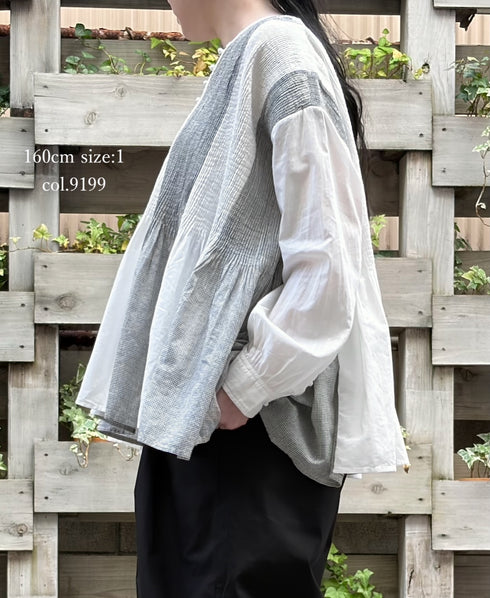 INMDS26111W HANDWOVEN COTTON SINGLE CHECK PATCHWORK BALL BUTTON SHIRTS WITH MINI PINTUCK