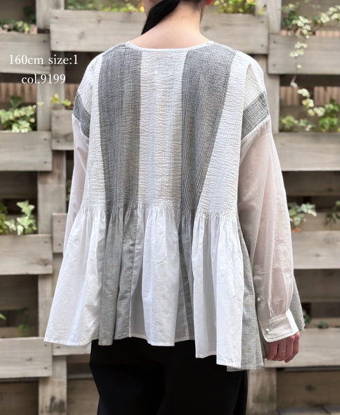 INMDS26111W HANDWOVEN COTTON SINGLE CHECK PATCHWORK BALL BUTTON SHIRTS WITH MINI PINTUCK