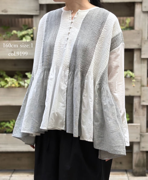 INMDS26111W HANDWOVEN COTTON SINGLE CHECK PATCHWORK BALL BUTTON SHIRTS WITH MINI PINTUCK