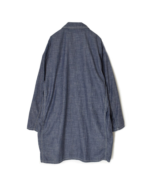 ISNAM2602CB NAVY (INDIGO) CHAMBRAY ROUND COLLAR DOUBLE LONG JACKET