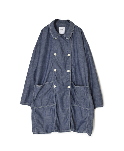 ISNAM2602CB NAVY (INDIGO) CHAMBRAY ROUND COLLAR DOUBLE LONG JACKET