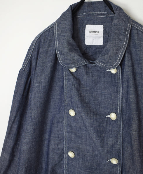 ISNAM2602CB NAVY (INDIGO) CHAMBRAY ROUND COLLAR DOUBLE LONG JACKET
