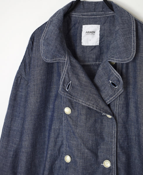 ISNAM2602CB NAVY (INDIGO) CHAMBRAY ROUND COLLAR DOUBLE LONG JACKET